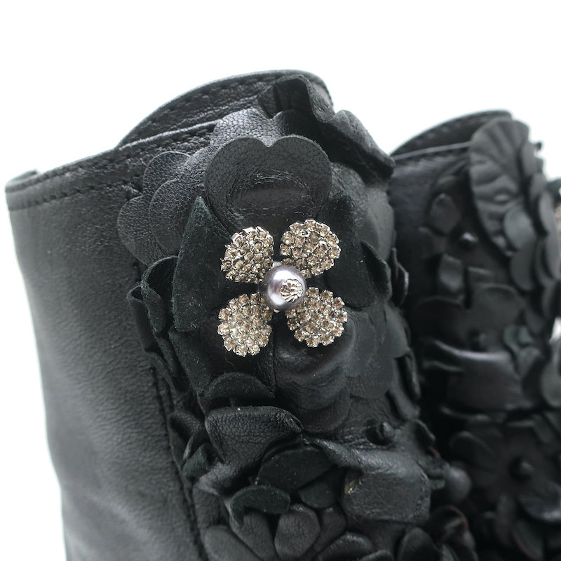 Jimmy Choo Havana Flower-Embellished Combat Boots Black Leather Size 36 NEW