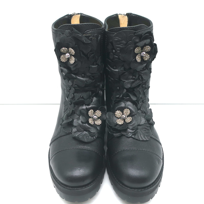 Jimmy Choo Havana Flower-Embellished Combat Boots Black Leather Size 36 NEW