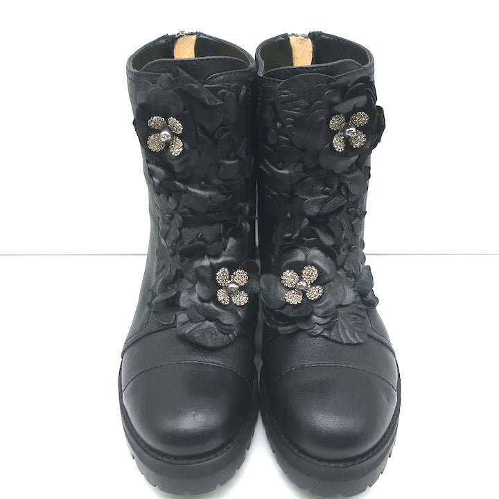 Jimmy Choo Havana Flower-Embellished Combat Boots Black Leather Size 36 NEW