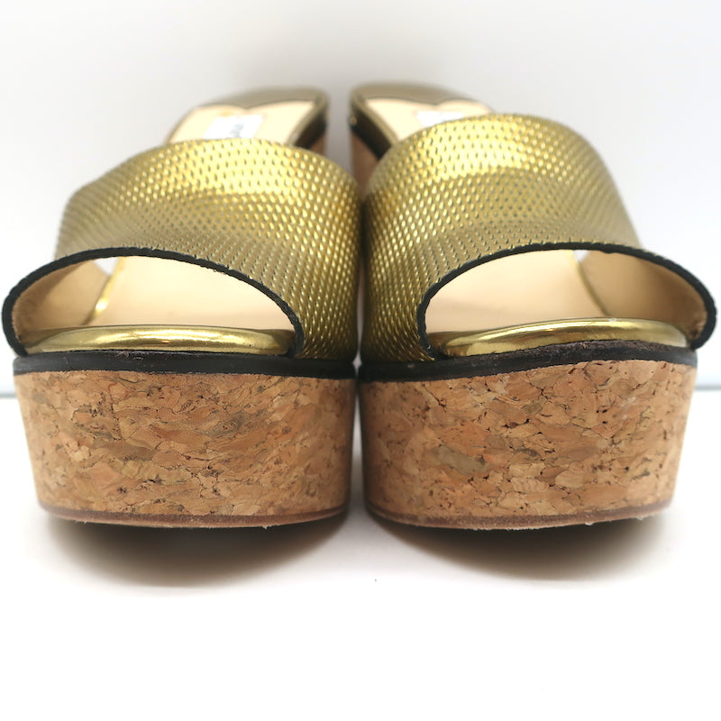 Jimmy Choo Deedee 125 Cork Platform Sandals Gold Metallic Leather Size 36 NEW