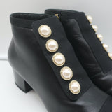 Chanel Pearl Button Cap Toe Booties Black Leather Size 35 Ankle Boots