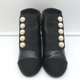 Chanel Pearl Button Cap Toe Booties Black Leather Size 35 Ankle Boots