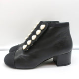 Chanel Pearl Button Cap Toe Booties Black Leather Size 35 Ankle Boots