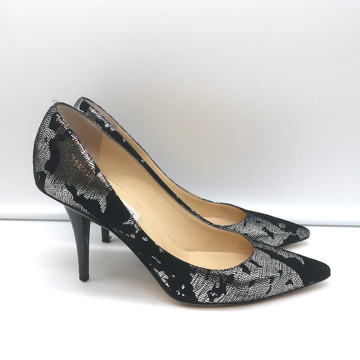 Jimmy Choo Pumps Black Suede &amp; Silver Metallic Camo Size 38 Pointed Toe Heels