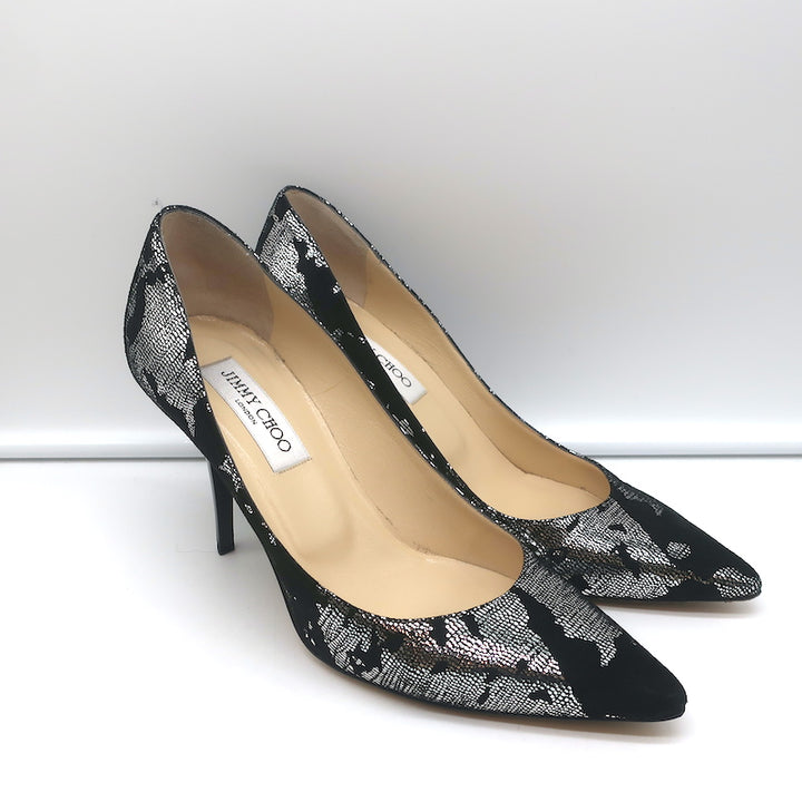 Jimmy Choo Pumps Black Suede &amp; Silver Metallic Camo Size 38 Pointed Toe Heels