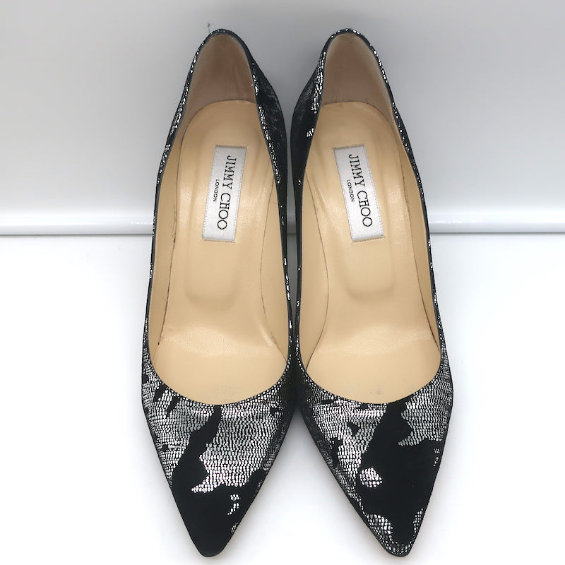 Jimmy Choo Pumps Black Suede &amp; Silver Metallic Camo Size 38 Pointed Toe Heels