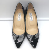 Jimmy Choo Pumps Black Suede & Silver Metallic Camo Size 38 Pointed Toe Heels