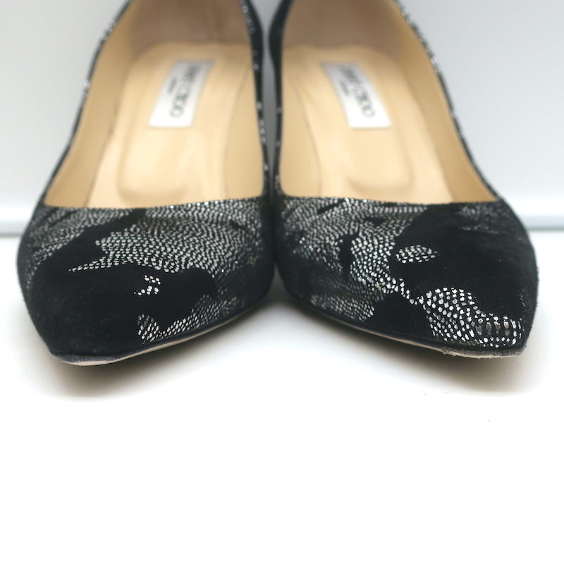 Jimmy Choo Pumps Black Suede &amp; Silver Metallic Camo Size 38 Pointed Toe Heels
