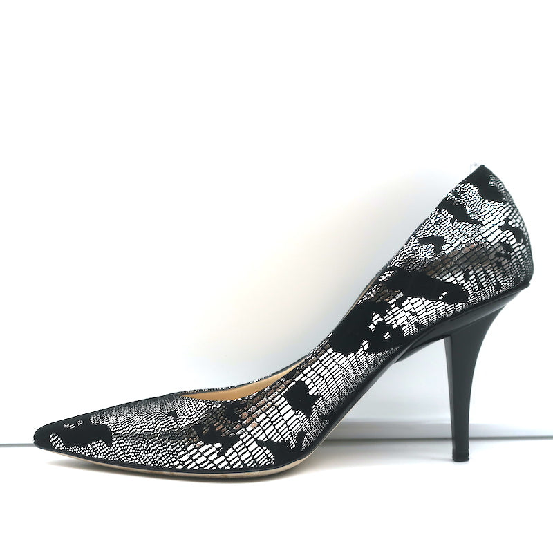 Jimmy Choo Pumps Black Suede &amp; Silver Metallic Camo Size 38 Pointed Toe Heels