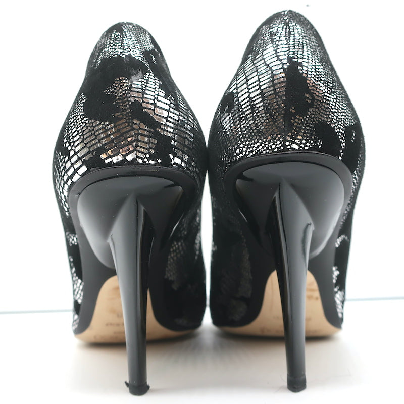Jimmy Choo Pumps Black Suede &amp; Silver Metallic Camo Size 38 Pointed Toe Heels