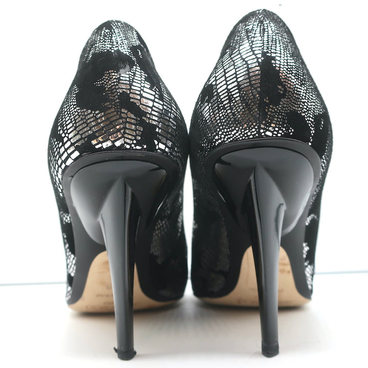 Jimmy Choo Pumps Black Suede &amp; Silver Metallic Camo Size 38 Pointed Toe Heels