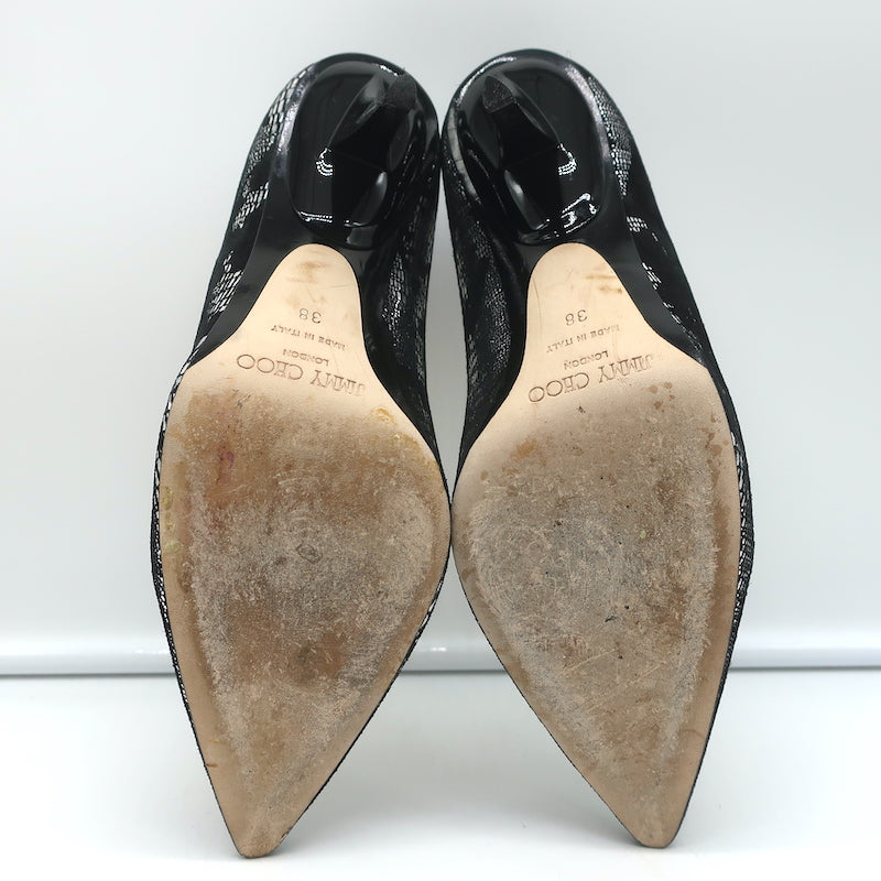 Jimmy Choo Pumps Black Suede &amp; Silver Metallic Camo Size 38 Pointed Toe Heels