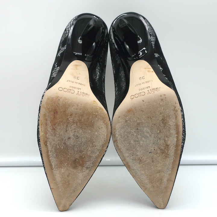 Jimmy Choo Pumps Black Suede &amp; Silver Metallic Camo Size 38 Pointed Toe Heels