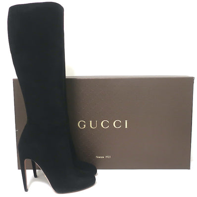 Gucci Knee High Boots Black Suede Size 39 High Heel