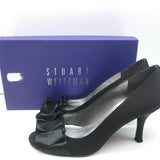 Stuart Weitzman Gigiritz Ruffle Pumps Black Satin Size 8 Open Toe Heels