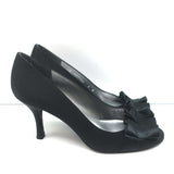 Stuart Weitzman Gigiritz Ruffle Pumps Black Satin Size 8 Open Toe Heels