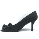 Stuart Weitzman Gigiritz Ruffle Pumps Black Satin Size 8 Open Toe Heels