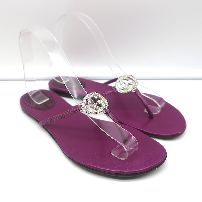 Gucci Crystal GG Flat Thong Sandals Purple Snakeskin Size 8