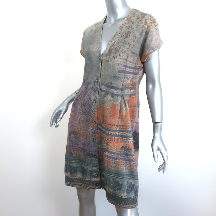 Etro Sweater Dress Purple/Gray Printed Knit Size 44 Short Sleeve Button Front