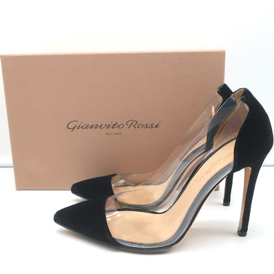 Gianvito Rossi Plexi Velvet and PVC Pumps Black Size 37.5 Pointed Toe Heels