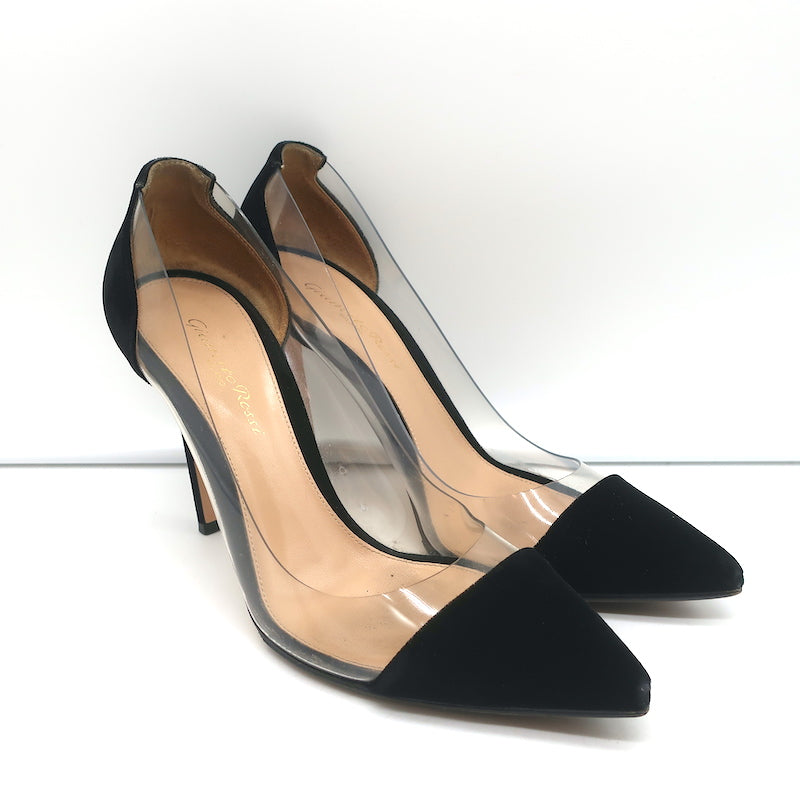Gianvito Rossi Plexi Velvet and PVC Pumps Black Size 37.5 Pointed Toe Heels