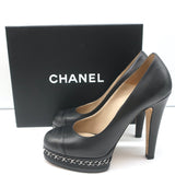 Chanel 15C CC Cap Toe Chain-Trim Pumps Black Leather Size 38 Platform Heels