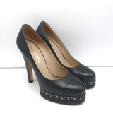 Chanel 15C CC Cap Toe Chain-Trim Pumps Black Leather Size 38 Platform Heels