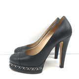 Chanel 15C CC Cap Toe Chain-Trim Pumps Black Leather Size 38 Platform Heels