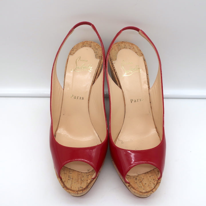 Christian Louboutin Jean Paul 120 Cork Wedge Sandals Red Patent Leather Size 38