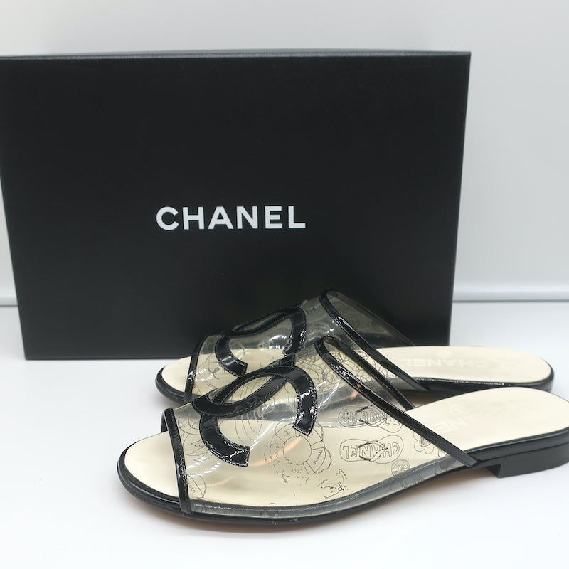 Chanel 19S Fantasy PVC Printed Mules Black Patent Leather Trim Size 38C