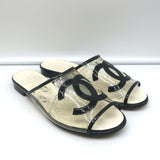 Chanel 19S Fantasy PVC Printed Mules Black Patent Leather Trim Size 38C