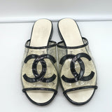 Chanel 19S Fantasy PVC Printed Mules Black Patent Leather Trim Size 38C