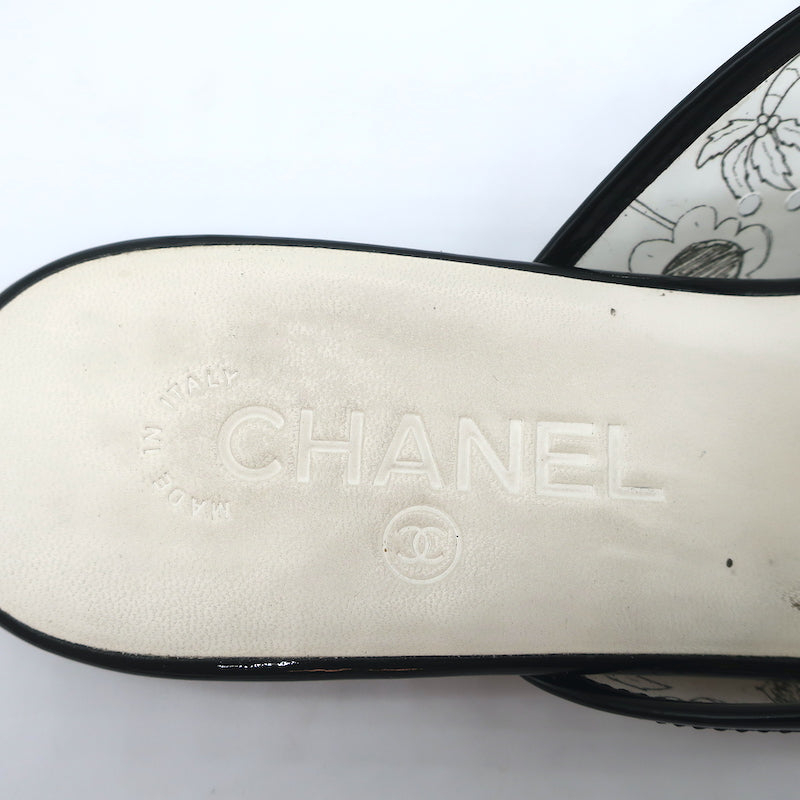 Chanel 19S Fantasy PVC Printed Mules Black Patent Leather Trim Size 38C