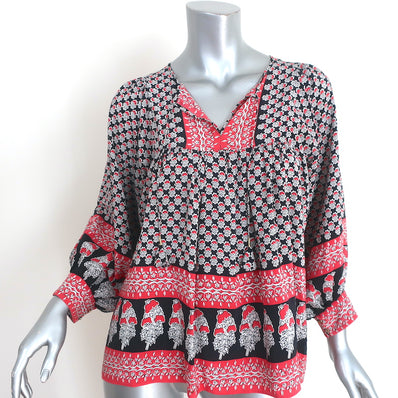 Ulla Johnson Blouse Bea Black/Red Indian Floral Print Silk Size 6 Tie-Neck Top