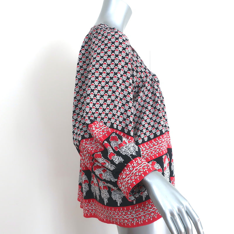 Ulla Johnson Blouse Bea Black/Red Indian Floral Print Silk Size 6 Tie-Neck Top