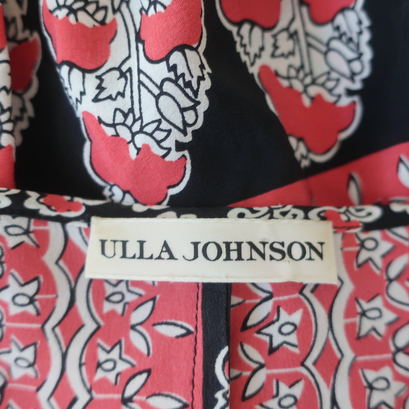 Ulla Johnson Blouse Bea Black/Red Indian Floral Print Silk Size 6 Tie-Neck Top