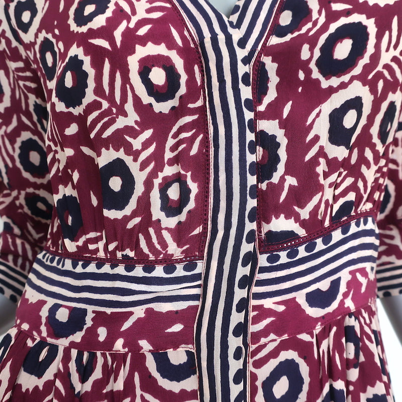 SEA Midi Dress Emi Berry Floral Print Crepe Size 4 Short Sleeve Button-Front