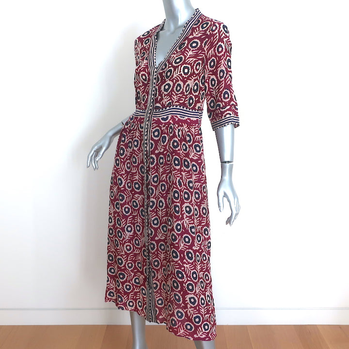 SEA Midi Dress Emi Berry Floral Print Crepe Size 4 Short Sleeve Button-Front