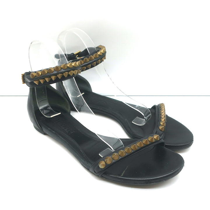 Alexander McQueen Spike Studded Ankle Strap Sandals Black Leather Size 37.5
