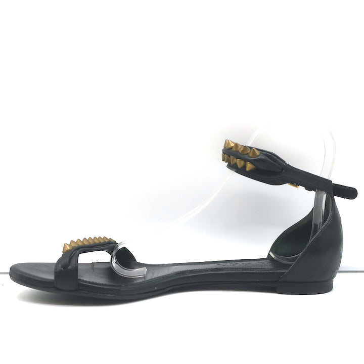 Alexander McQueen Spike Studded Ankle Strap Sandals Black Leather Size 37.5