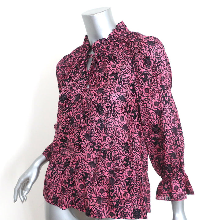Derek Lam 10 Crosby Top Pink Floral Print Cotton Size 2 Tie-Neck Blouse NEW