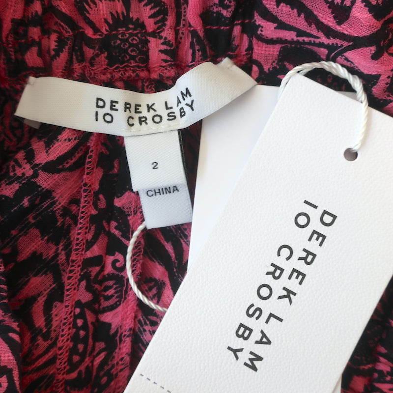 Derek Lam 10 Crosby Top Pink Floral Print Cotton Size 2 Tie-Neck Blouse NEW