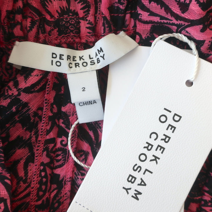 Derek Lam 10 Crosby Top Pink Floral Print Cotton Size 2 Tie-Neck Blouse NEW
