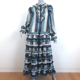 Zimmermann Tiered Midi Dress Blue Striped Metallic Polka Dot Jacquard Size 1