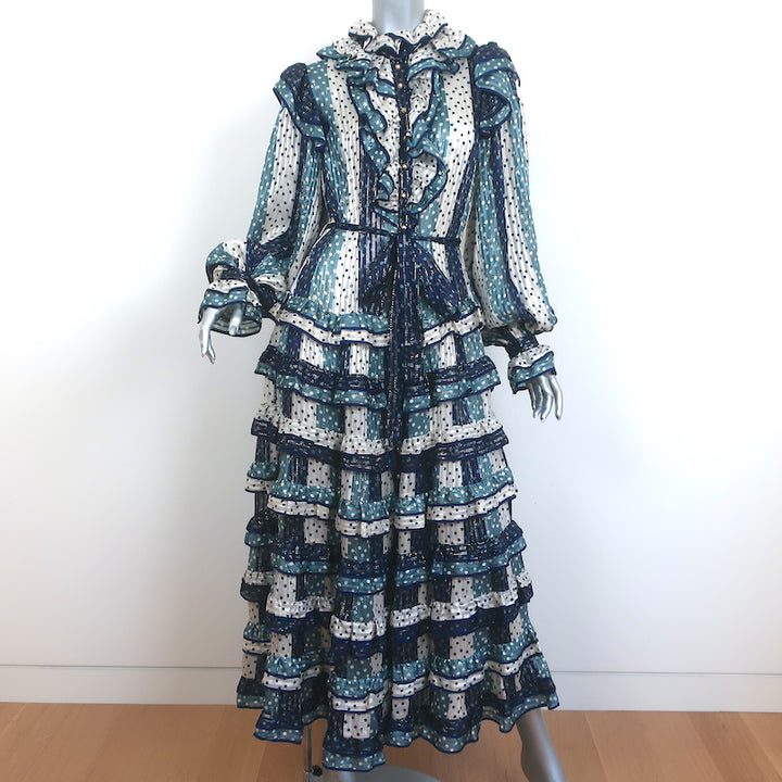 Zimmermann Tiered Midi Dress Blue Striped Metallic Polka Dot Jacquard Size 1