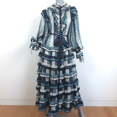 Zimmermann Tiered Midi Dress Blue Striped Metallic Polka Dot Jacquard Size 1