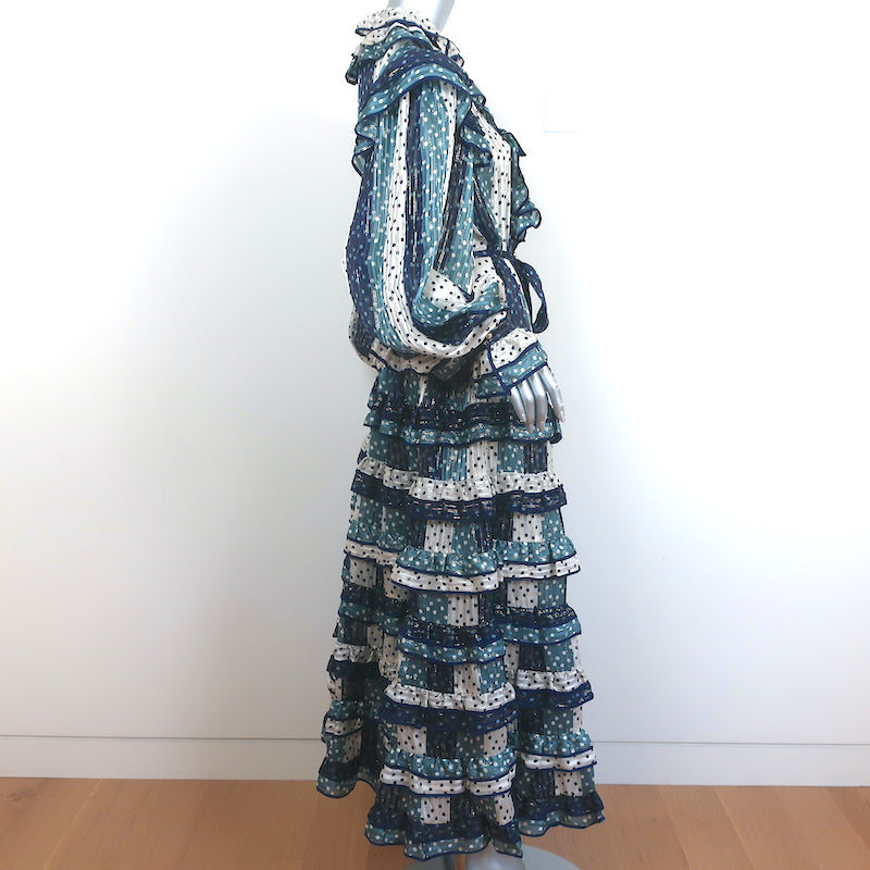 Zimmermann Tiered Midi Dress Blue Striped Metallic Polka Dot Jacquard Size 1
