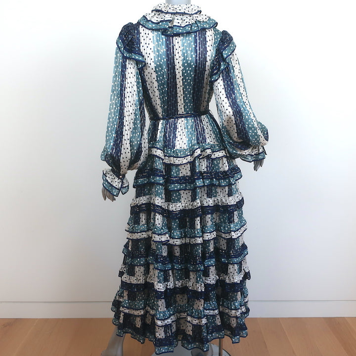 Zimmermann Tiered Midi Dress Blue Striped Metallic Polka Dot Jacquard Size 1