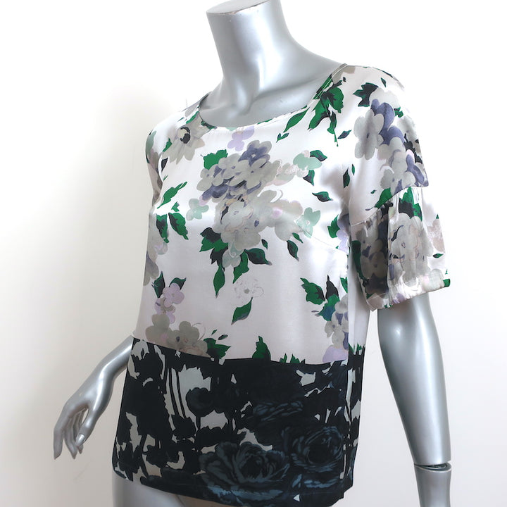 Dries Van Noten Blouse Silver Floral Print Silk Satin Size 36 Short Sleeve Top
