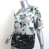Dries Van Noten Blouse Silver Floral Print Silk Satin Size 36 Short Sleeve Top